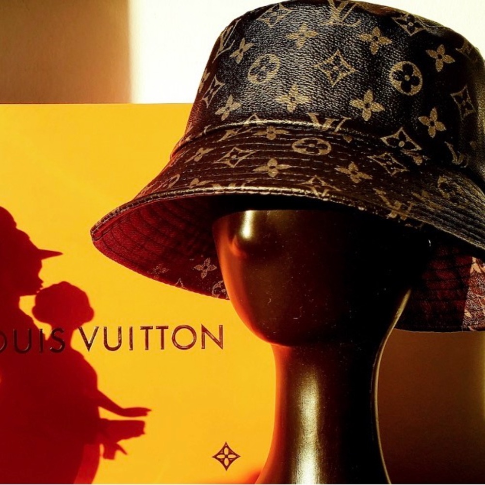 Leather Monogram Black Gray Bucket Hat Calf Skin jacquard Unisex - Picture 9 of 11
